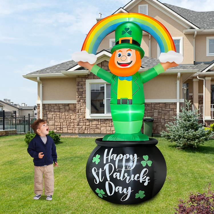 8ft St. Patrick's Day Inflatable Leprechaun Hold Rainbow Sitting on Golden Pot Decoration Blow Up LED Lighted for Indoor Outdoor Holiday Art Decor