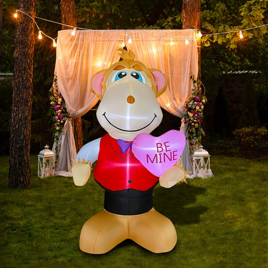 4 FT Valentine Inflatable Monkey Holding Heart LED Lighted Decoration for Birthday Wedding Yard Lawn Garden Home Party