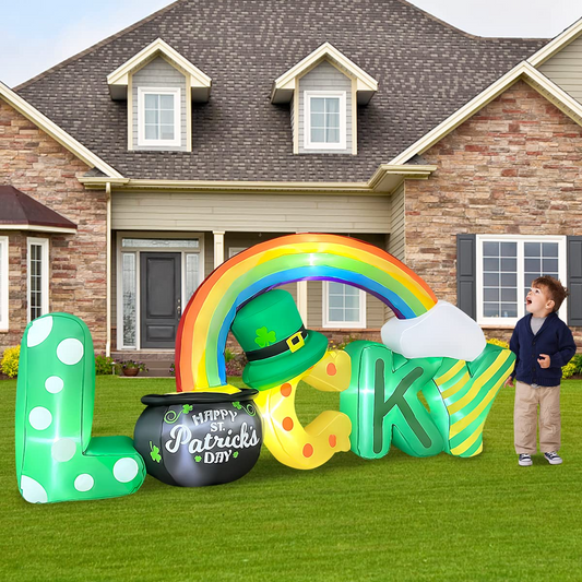 6.5 Foot Long St. Patrick Day Inflatable Lucky Letters with Gold Pot and Rainbow Decoration for Indoor Outdoor Blow Up Lawn Yard Decor