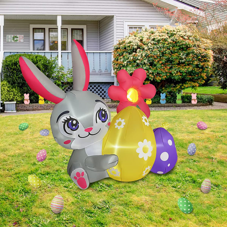 5ft Inflatable Easter Bunny with Flower and Egg Decoration, LED Lighted for Indoor Outdoor Blow Up Lawn Yard Decor