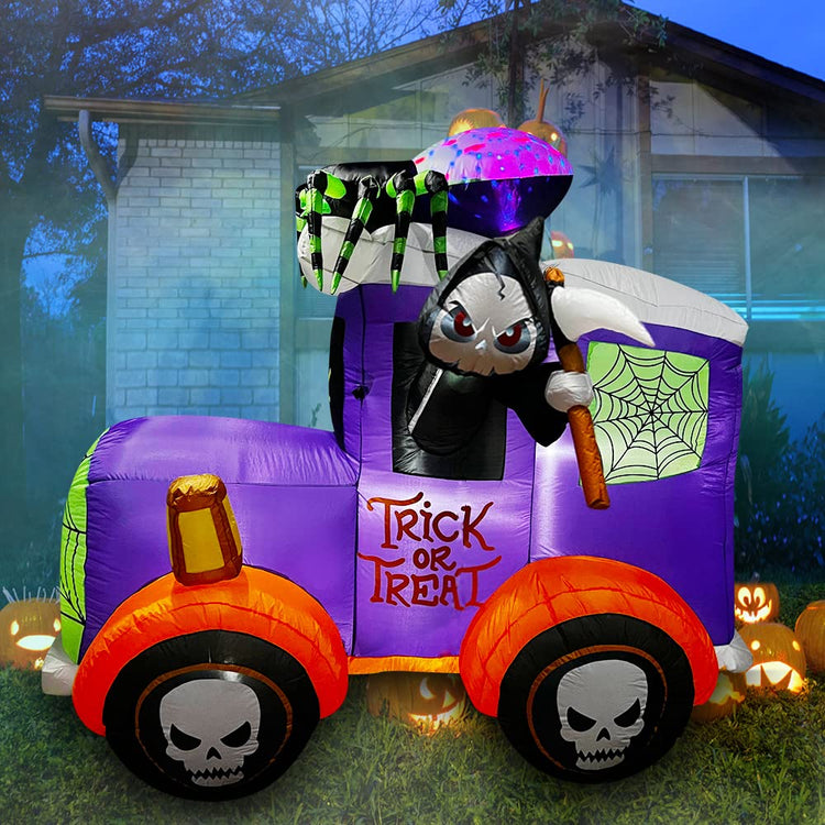 7 Ft Halloween Inflatable Grim Reaper Driving A Car with Spider LED Blow Up Lighted Decor Indoor Outdoor Holiday Art Decor Decorations