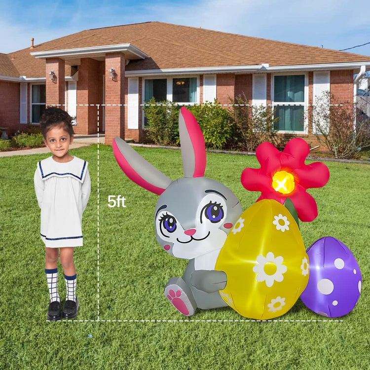 5ft Inflatable Easter Bunny with Flower and Egg Decoration, LED Lighted for Indoor Outdoor Blow Up Lawn Yard Decor
