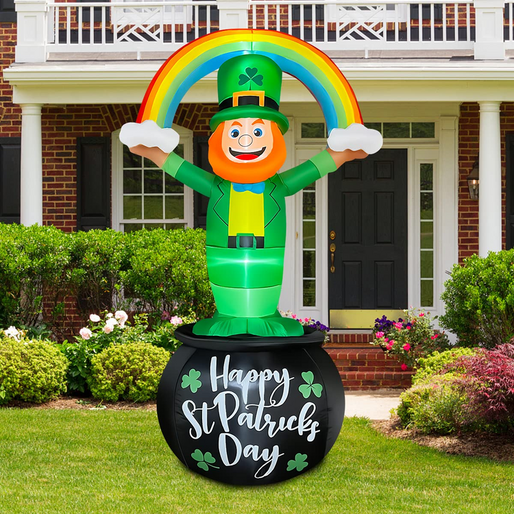 8ft St. Patrick's Day Inflatable Leprechaun Hold Rainbow Sitting on Golden Pot Decoration Blow Up LED Lighted for Indoor Outdoor Holiday Art Decor