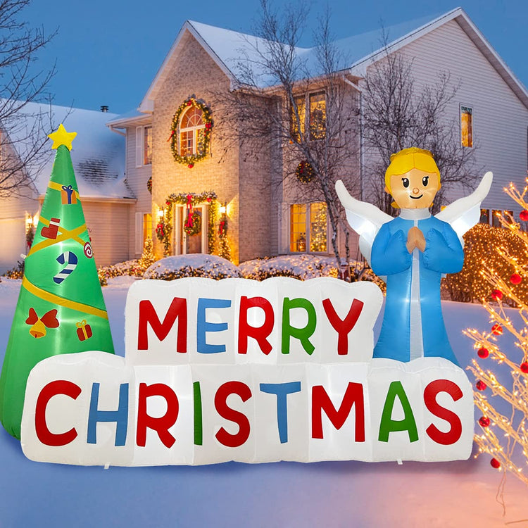 8.8ft Christmas Inflatable Angel Prayer & Christmas Tree with Merry Christmas Banner Decoration, LED Blow Up Lighted Decor Indoor Outdoor Holiday Art Decor