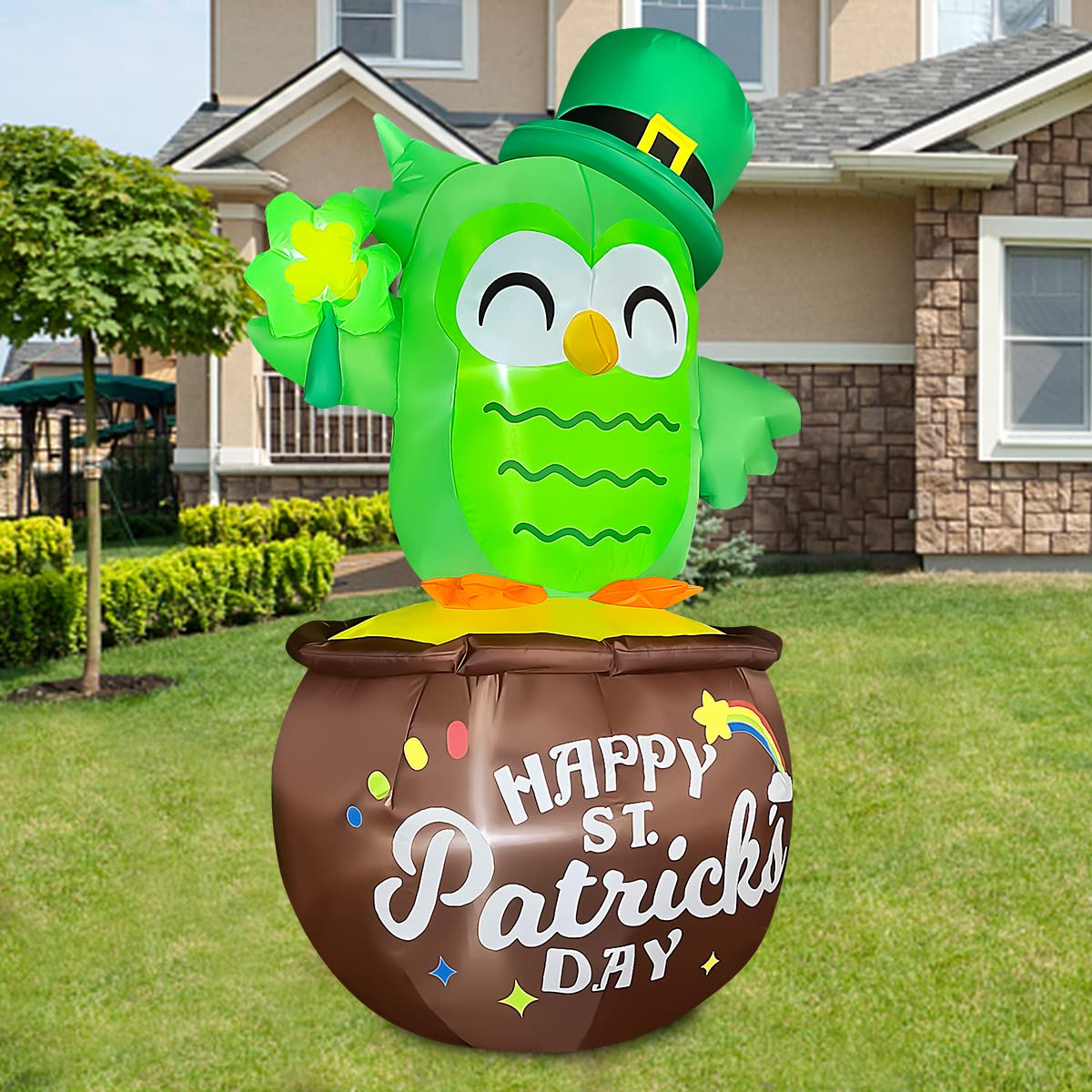 6ft Tall St. Patrick Day Inflatable Owl with The Gold Pot Decoration f ...