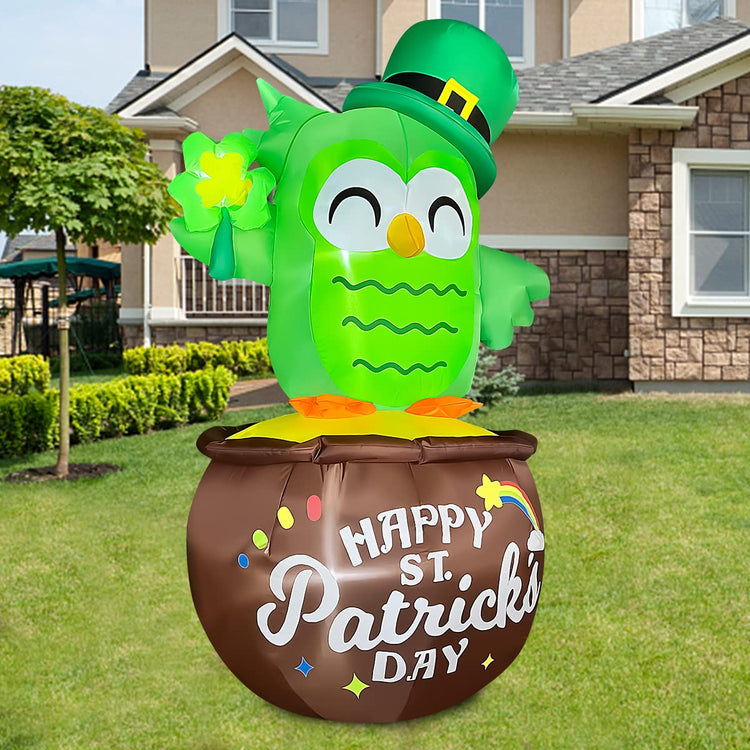 6ft Tall St. Patrick Day Inflatable Owl with The Gold Pot Decoration for Yard Garden, Indoor and Outdoor Theme Party Decor, Yard, Garden, Lawn Decor with LED Light Build-in