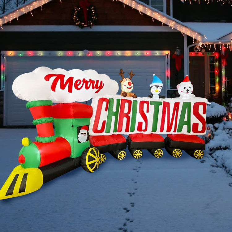9ft Inflatable Santa Train with Penguin Reindeer Bear Decorations, Merry Christmas Sign LED Blow Up Lighted Decor Indoor Outdoor Holiday Decor
