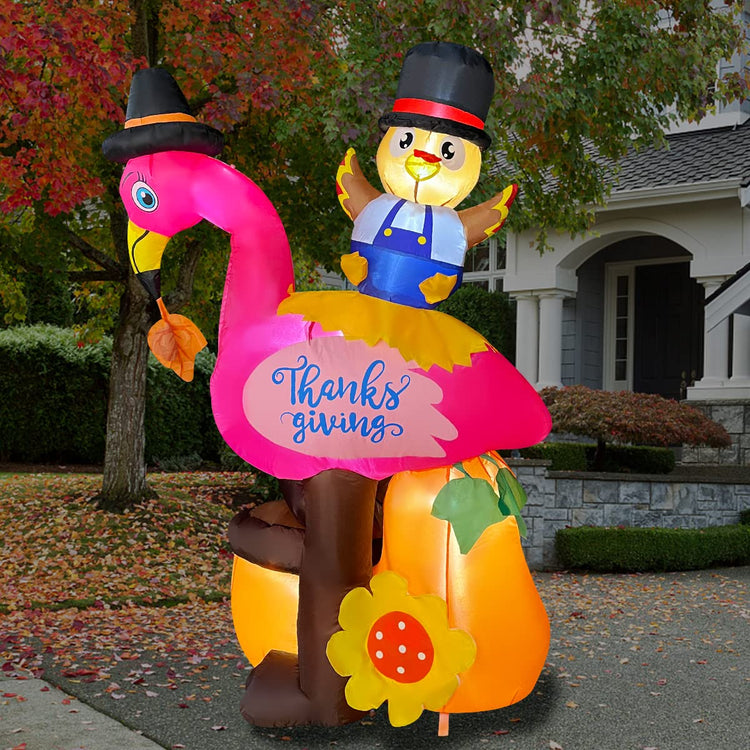 5Ft Thanksgiving Inflatable Flamingo with Turkey Decoration, LED Blow Up Lighted Decor Indoor Outdoor Holiday Art Decor Decorations