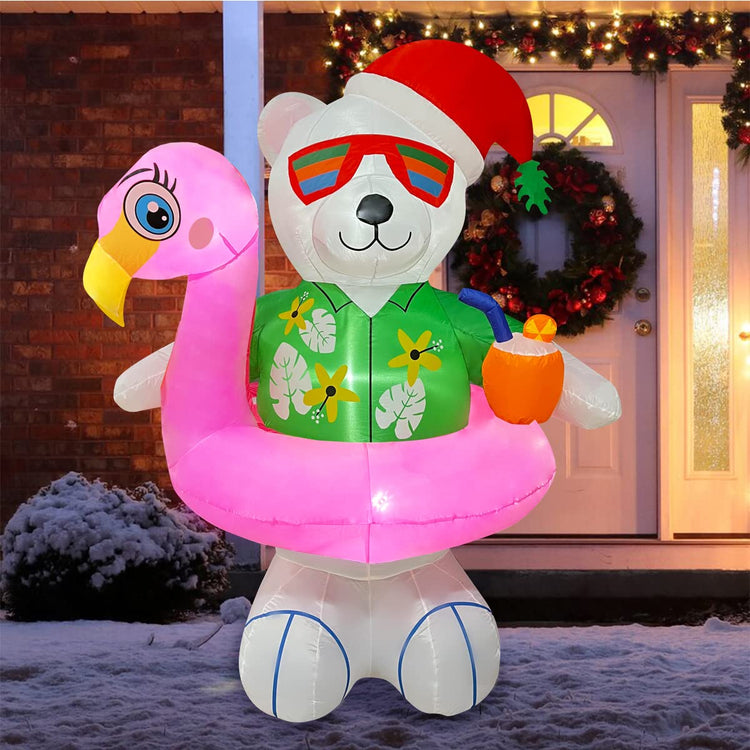 6ft Christmas Inflatable Hawaiian Polar Bear with Flamingo Pool Float Decoration, LED Blow Up Lighted Decor Indoor Outdoor Holiday Art Decor Decorations