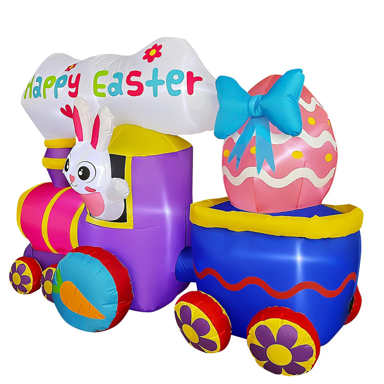 7 FT Inflatable Easter Train with Bunny Eggs Decorations with Happy Easter Sign for Yard Garden Lawn Indoors Outdoors Home Holiday