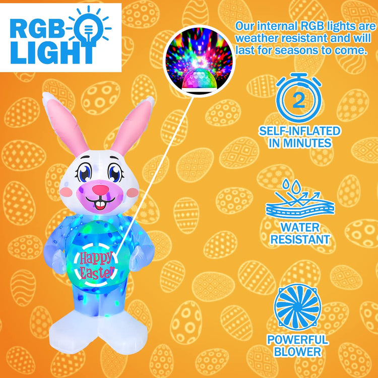 6 Foot Rotating Colorful Lights Inflatable Happy Easter Bunny with Egg Decoration for Indoor Outdoor Blow Up Lawn Yard Decor