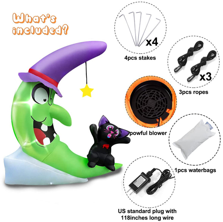 7FT Halloween Inflatable Witch Moon with Black Cat Decoration, LED Blow Up Lighted Decor Indoor Outdoor Holiday Art Decor Decorations