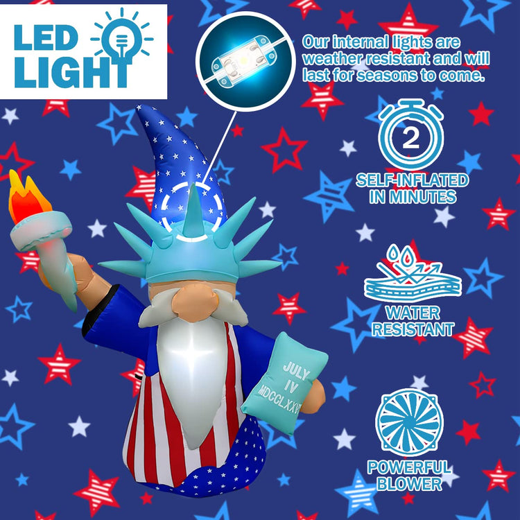 5 Ft Patriotic Independence Day Inflatable gnome of Liberty with Torch Decorations