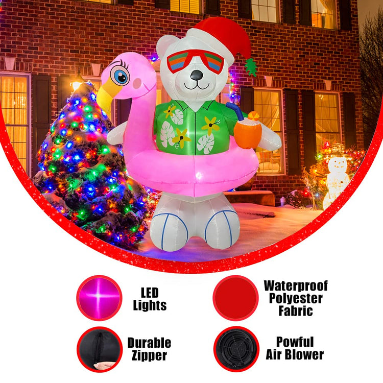 6ft Christmas Inflatable Hawaiian Polar Bear with Flamingo Pool Float Decoration, LED Blow Up Lighted Decor Indoor Outdoor Holiday Art Decor Decorations
