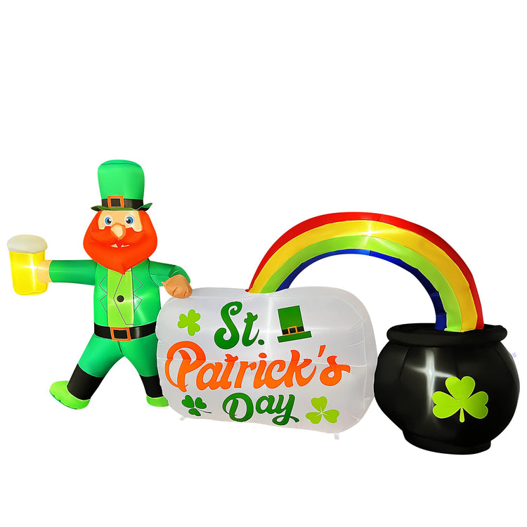 8 Ft Length Inflatable St. Patrick's Day Leprechaun Holding a Beer with Rainbow Pot Decoration,Blow Up St. Patrick's Day Sign Built in LED Lights for Lawn Indoor Outdoor Holiday Party