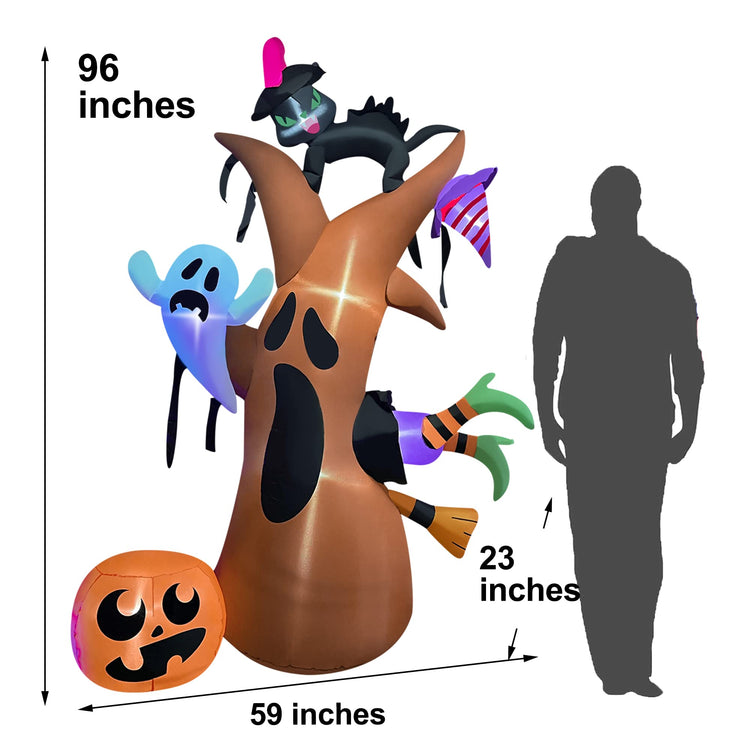 8 Ft Halloween Inflatable Witch Hits Dead Tree with Ghosts Pumpkins and Black Cat Decoration Blow up Decor for Lawn Patio Indoor Outdoor Home Yard Party