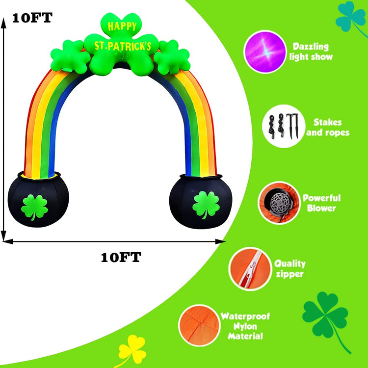 10 FT Inflatable St. Patrick's Day Shamrock Rainbow Arch Decoration LED Light Up for Home Yard Lawn Garden Indoor Outdoor