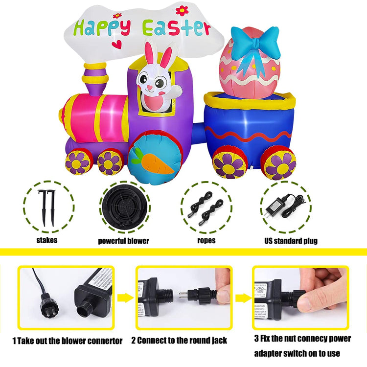 7 FT Inflatable Easter Train with Bunny Eggs Decorations with Happy Easter Sign for Yard Garden Lawn Indoors Outdoors Home Holiday